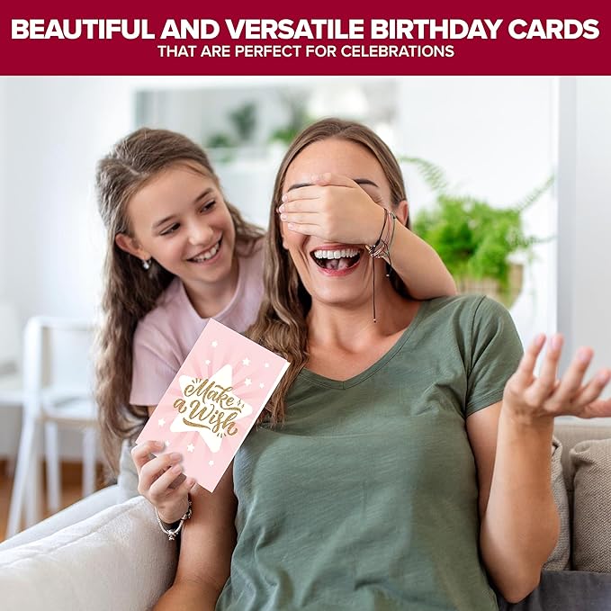 Decorably 24 Pack Foil and Glittery 6x4in Assorted Birthday Cards with Envelopes and Stickers, 24 Unique Festive Designs for Friends, Family, Loved Ones, with Printed Message Inside - Gifting, Mailing