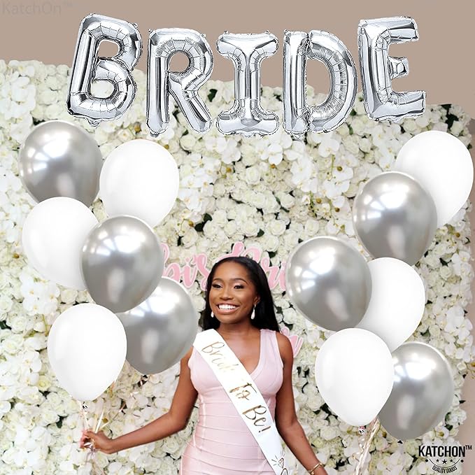 KatchOn, 27pcs Silver Bride Balloons Set - 16 Inch | Silver & White, for Bachelorette Party Decorations | Bridle Shower | Bride and Latex Balloons | bride Balloon Bachelorette