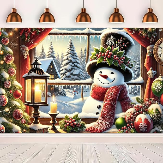 Christmas Snowman Banner Backdrop Poster Winter Scene with Snowman Holiday Photo Booth Wall Hanging Decoration 71×43 Inch