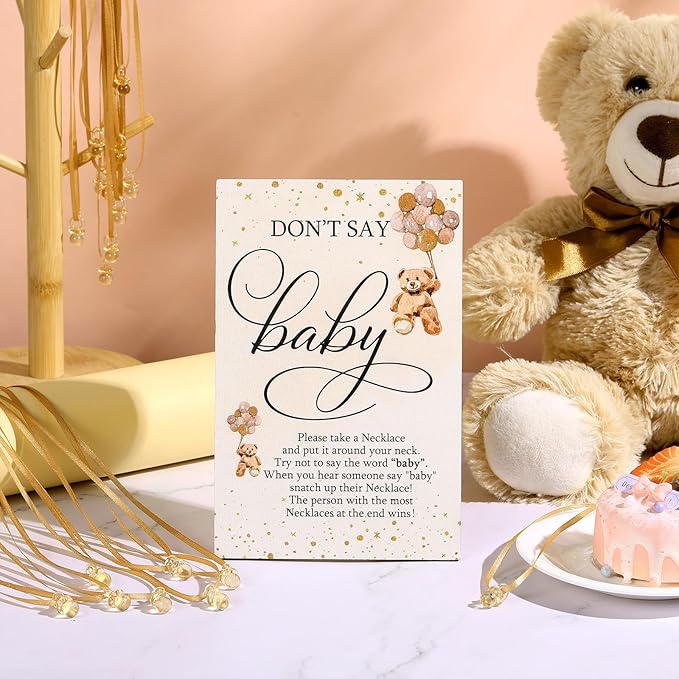 Wesiti 51 Pcs Cool Baby Shower Game Wooden Sign Gift Sets 50 Baby Shower Pacifiers Necklace Acrylic Pacifier for Gender Reveal Party Favor(Bear,Brown)