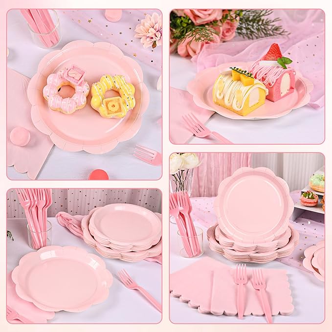 96 Pcs Pink Paper Plates and Napkins Set Party Supplies, Tableware set for 24 Guest include Disposable Pink Scalloped Plates, Napkins and Forks for Baby Shower Bridal Shower Wedding Mother Day