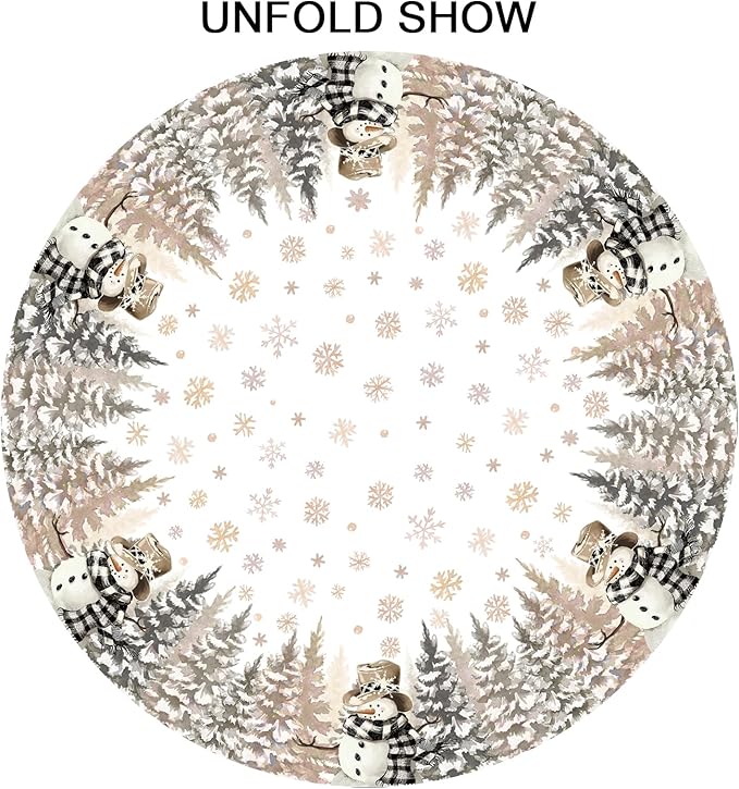 Gold Christmas Tablecloth Round 60 Inch Winter Snowman Snowflake Table Cloth Farmhouse Merry Christmas Table Cover for Kitchen Dinner Room Holiday Party Indoor Outdoor Home Winter Decor