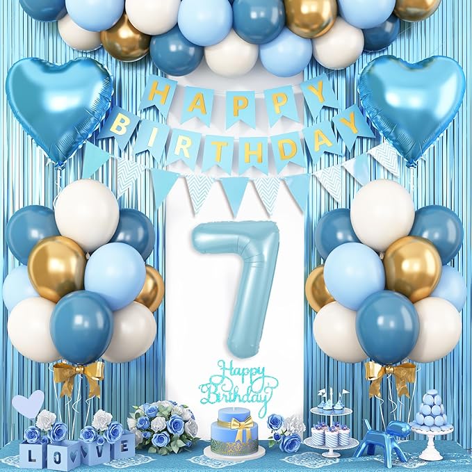 7th Birthday Decorations Blue White Gold,7th Birthday Balloons with Happy Birthday Banner Fringe Curtain Heart Foil Balloons for Boys Girls 7 Year Old Birthday Decor
