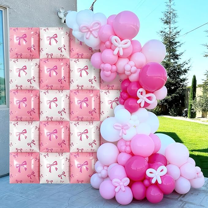 Pink and White Bow Square Foil Balloon Wall, 19 Inch 25Pcs Print Double Sided Baby Pink and Pearl White Balloon Backdrop Tunnel Arch Kit for Girls Women Birthdays Bridal Baby Shower Wedding
