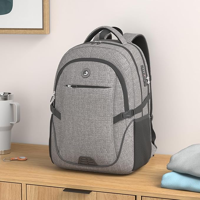 SHRRADOO Anti Theft Laptop Backpack Travel Backpacks with Combination Lock for Women Men (Grey, Large)
