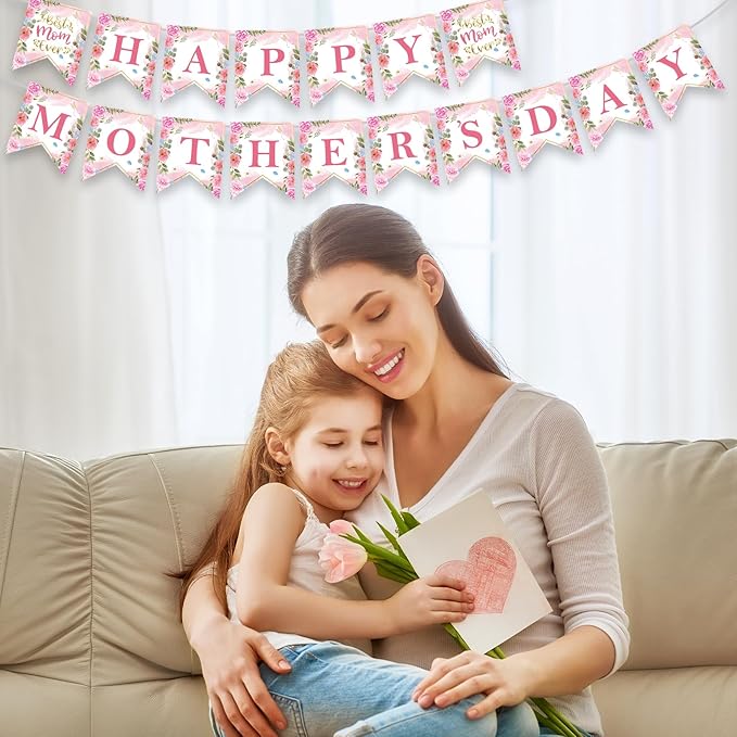 Happy Mothers Day Banner - Pink Mother's Day Decorations Banners, 2026 Best Mom Ever Sign Bunting Banner Garland for Mothers Days Home, Office, Fireplace, Wall Party Decor Supplies Favors Props