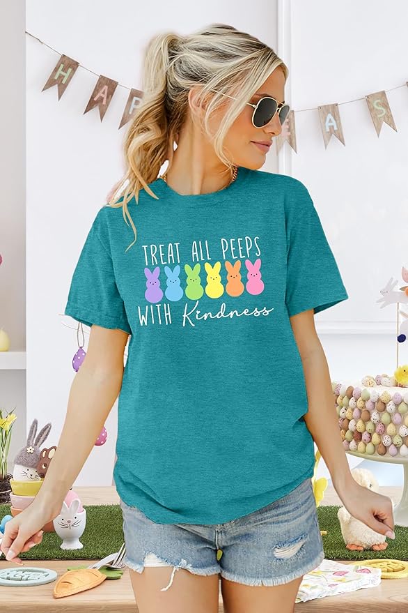 LAZYCHILD Women Easter Teacher Shirts: Funny Treat All with Kindness T-Shirt Bunny Rabbit Tee Tops
