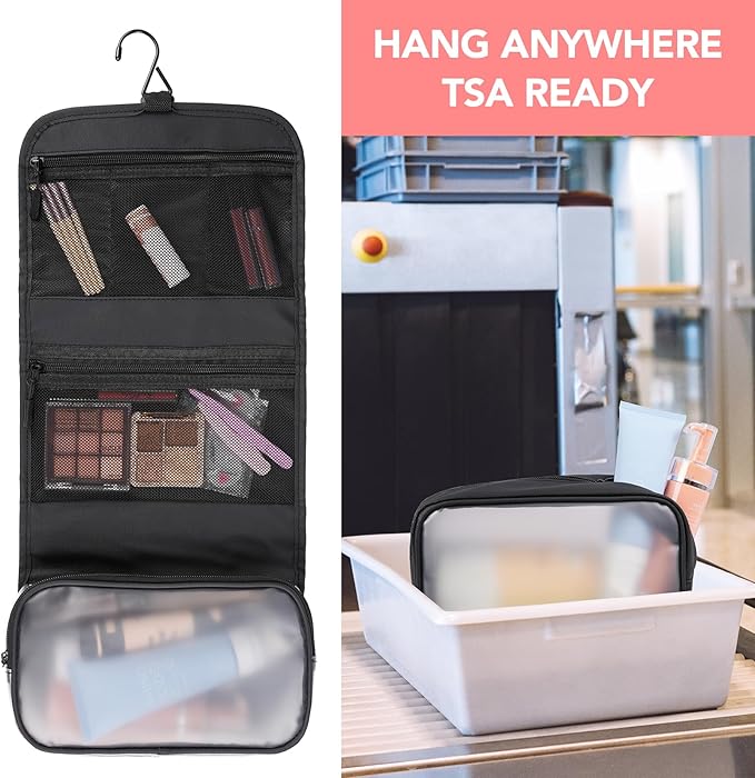 Travel Toiletry Bag Set for Women, Compact Size 5-Piece Hanging Organizer Kit with TSA Approved Cosmetic Bag, Jewelry Case & Cable Pouch, Waterproof Makeup Bag for Travel Essentials- Black