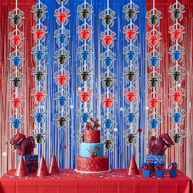 Xinnun Spider Party Decorations Hanging Banners Garland Red Blue Black Spider Banner Cutouts Ribbon Streamers for Birthday Baby Shower Party Decorations Supplies