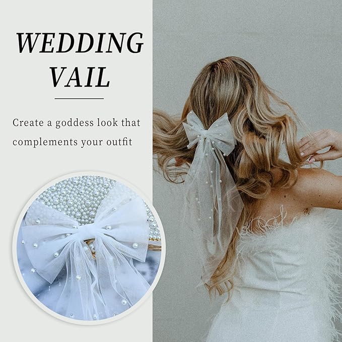 Bridal Veil Bachelorette Party Veil White Bow Wedding Veil Elegant Tulle Layer Hair Clip for Women and Girls