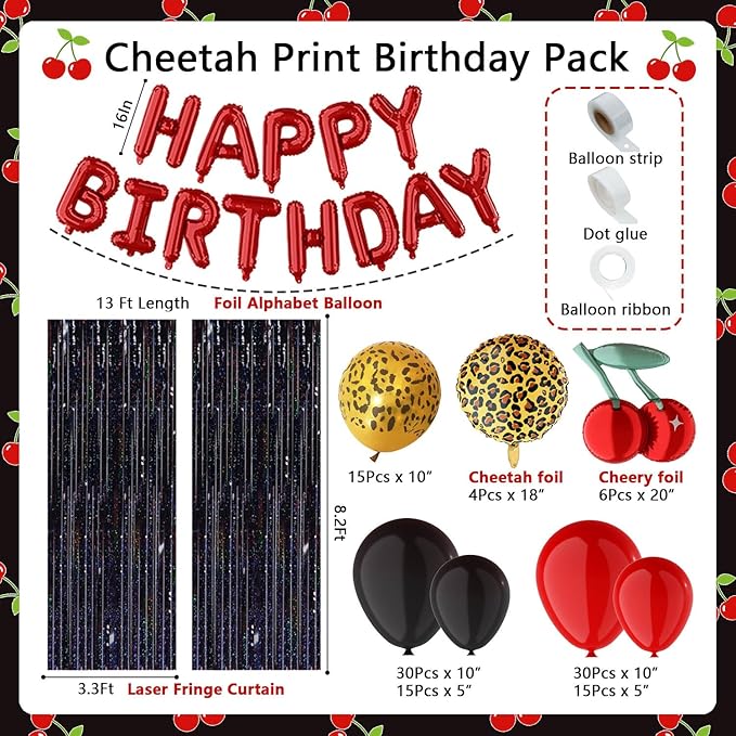 119Pcs Red Cheetah Print Birthday Decorations Balloons Kit, Black Red Cherry Leopard Print Balloons Birthday Foil Banner and Laser Fringe Curtain for Girls Women