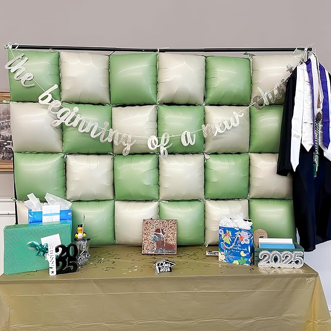 Sage Green Square Foil Balloon Wall, 25PCS Double Sided Mint Green and White Square Balloons Backdrop, Foil Balloons Flat Tunnel Background for Boho Birthdays Baby Shower Jungle Safari Theme Wedding
