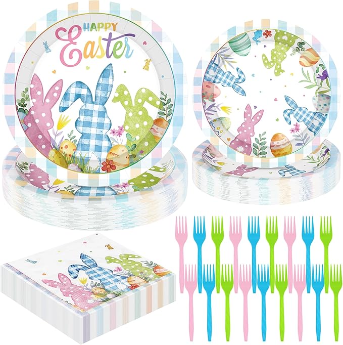 QZYL 120Pcs Easter Plates and Napkins, Disposable Easter Decorations Dinnerware for 30 Guests, Colorful Spring Bunny Paper Plates and Napkins, 9″ and 7″ Tableware for Easter Party Favors Spring Event