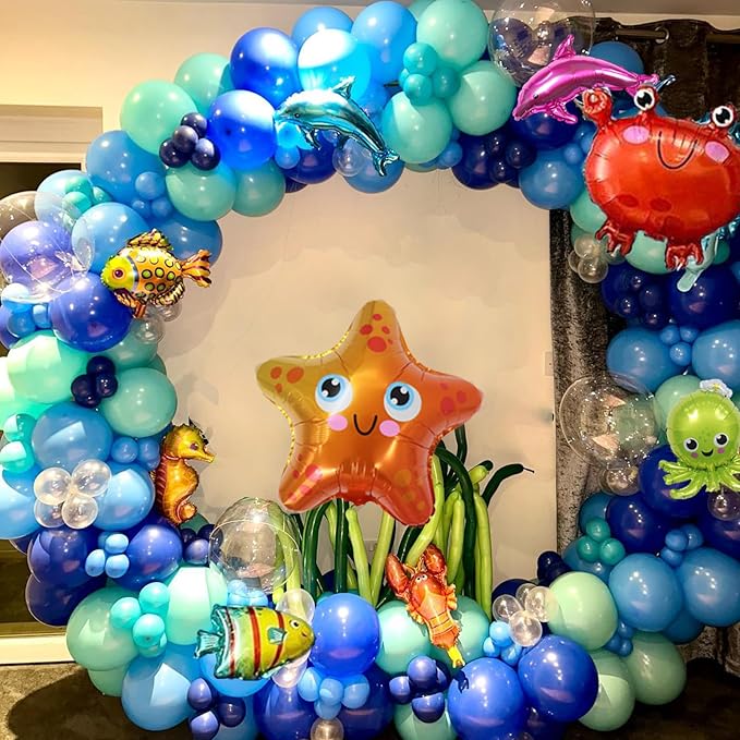 Ocean Themed Party Decorations 165pcs Blue Balloon Arch Garland Kit Bubble Balloons Marine Animals Fish Balloons for Nemo Dory Luca Birthday Under The Sea Decorations Shark Party