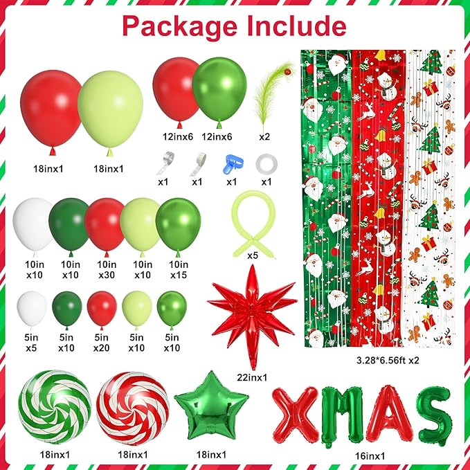 Ouddy Life 170Pcs Merry Christmas Party Decorations Set, Christmas Balloon Garland Arch Kit, Xmas Foil Fringe Curtains Faux Pampas Red Green Candy Cane Star Foil Balloons for Friends Birthday Supplies