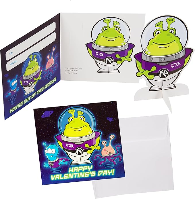 Kangaroo 28 Pack Alien Pop Out Bulk Funny Valentines Day Cards for Kids School - Includes Envelopes & Stickers, Fun Space Themed Valentines for Class Exchange Cards, School Party Favors for Boys