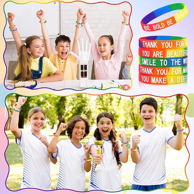 JUNEBRUSHS 42pcs Motivational Silicone Bracelets Rainbow Colors Inspirational Accessories Wristbands for Kids Teens Teacher Classroom Home Office Party Favor Gifts Supplies (14 Designs)