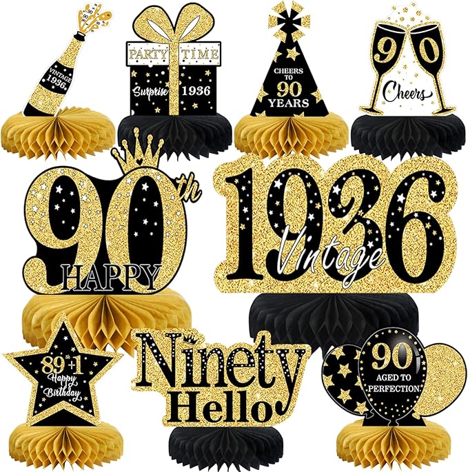 9Pcs 90th Birthday Decorations Honeycomb Centerpieces for Women,Black Gold Happy 90th Birthday Centerpieces Tables Toppers Party Decorations Supplies, Vintage 1936 Aged Table Sign Decor