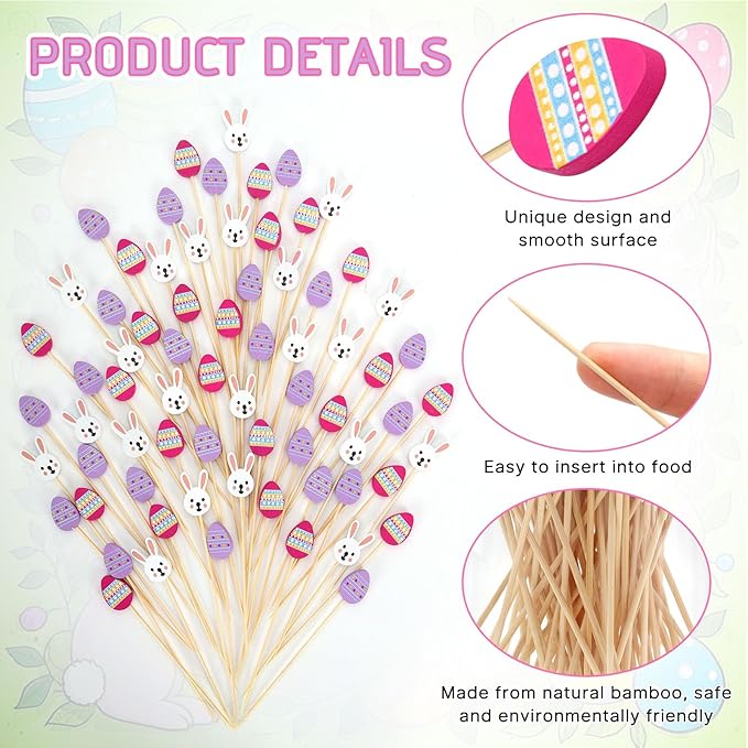 100 Pcs Easter Toothpicks, 4.72 Inch Easter Cocktail Picks for Appetizers, Long Bamboo Toothpicks, Decorative Toothpicks Skewers for Holiday Birthday Party Decorations (Easter Rabbit and Egg)
