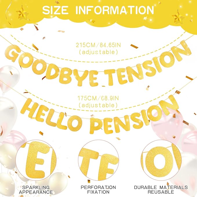 Retirement Banner Pre-Strung GOODBYE TENSION HELLO PENSION Banner Glitter Retirement Party Supplies Decorations for Women Men Office Home Decor (Gold)
