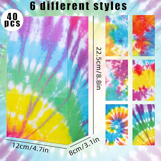 STARRKY 40 Pack Party Favor Bags, 8.8"x4.7"x3.1" Tie Dye Goodie Treat Bags Bulk for Kids Gift Packaging, Craft Supplies, Birthday Party Decorations