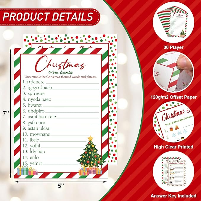 COCHIE 30 Players Christmas Party Games for Adults Family Office Large Groups, Xmas Parties Songs Pictionary Game, Guesstures Game, Word Scramble Games with Answer Key (Christmas Tree)