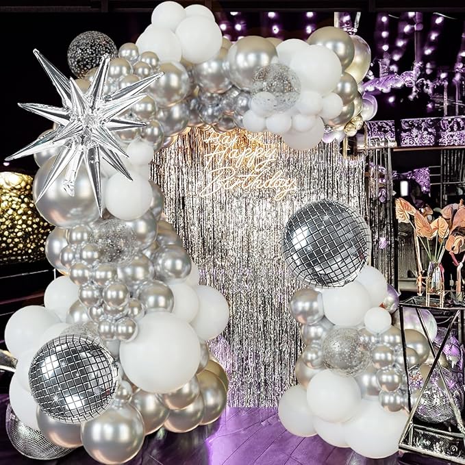 Disco Party Balloon Garland Arch Kit 134 Pcs Metallic Silver Matte White Confetti Balloons Disco balls for Adult Birthday Dancing Decor Graduation Party New Year Eve 2026 NYE Decoration