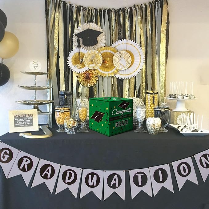 Graduation Card Box, Graduation Party Decorations 2025, Green Graduation Box, Graduation Card Holder, Foldable Cardboard Congrats Grad Card Gift Box for Graduation Party Supplies Party Favors
