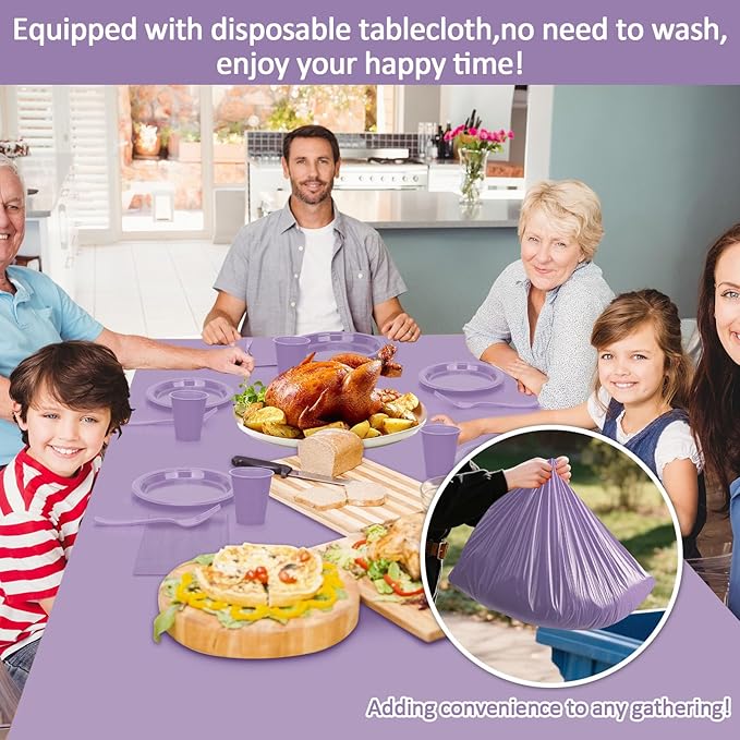 Lavender Plastic Plates for Party,50 Guest Disposable Plastic Plate Set 9" Plates,7" Dessert Plates,Napkins,12 oz Cups,Forks & Tablecloth for Baby Shower,Wedding,Birthday,Afternoon Tea Party