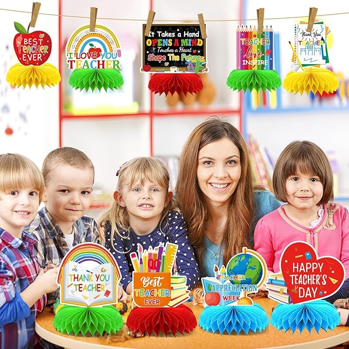 10 Pcs Teacher Appreciation Week Table Honeycomb Centerpieces Decorations, Thank You Teacher Table Centerpieces Table Topper for Teacher Day Graduation Home School Classroom Party Desk Decor