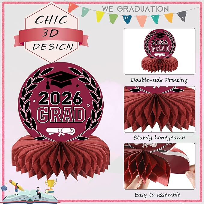 Yisong 9 Pieces 2026 Graduation Party Table Decorations Class of 2026 Congrats Graduation Centerpieces for Tables Congratulate Honeycomb Centerpiece Topper for Grad Party Supplies (Maroon)