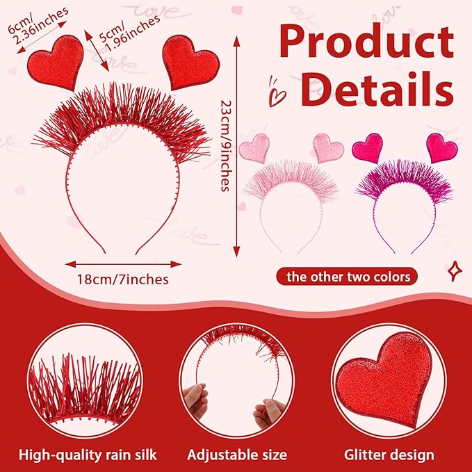 JATEBI 12PCS Valentines Day Heart Headbands and Heart Shape Sunglasses Valentine's Accessories for Women Hair Birthday Easter Party Costume Accessory