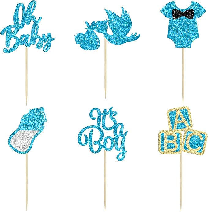 24Pcs Oh Baby Cupcake Toppers Blue Glitter It's a Boy Cupake Toppers with Swan Onesie Bottle Baby Shower Gender Reveal Cupcake Picks Decorations for Kids Boys Birthday Party Cake Decorations Supplies