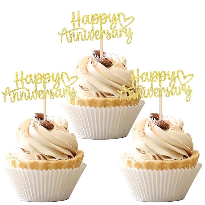 24 PCS Happy Anniversary Cupcake Toppers Glitter Wedding Anniversary Cupcake Picks Baby Shower Birthday Wedding Anniversary Party Cake Decorations Supplies Gold