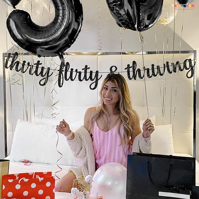 KatchOn, Glitter Thirty Flirty & Thriving Banner - 10 Feet | 30th Birthday Decorations for Her, Him | 30th Birthday Party Decorations for Women | Talk Thirty to Me banner, Black 30th Birthday Banner