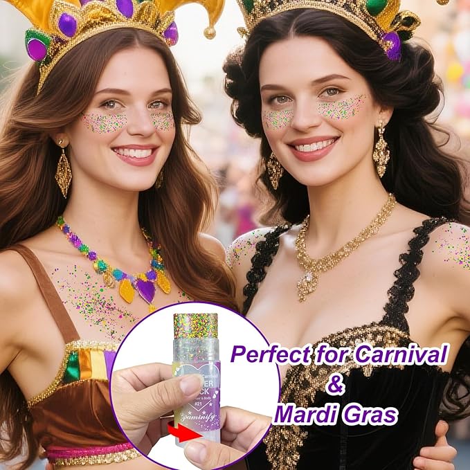 Mardi Gras Hair Face Glitter Stick,Mardi Gras Outfit for Women,Purple Green Gold Body Glitter Makeup,Festival Costume Carnival Accessories Singer Concerts Chunky Glitter Makeup