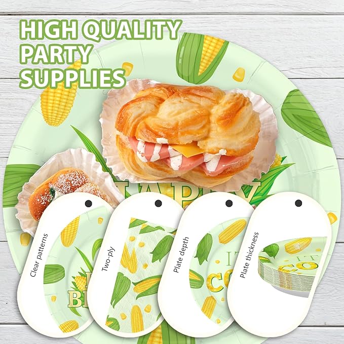 96 Pcs Cute Corn Birthday Party Decorations Vegetable Party Decorations Plates and Napkins Yellow Glitter Tableware Favors for Baby Shower Boys Girls Happy Birthday Party Supplies, Serves 24