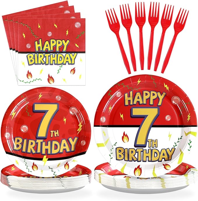 Grencian 96Pcs Happy 7th Birthday Party Supplies Cartoon Anime Themed Paper Plates and Napkins Tableware Sets Red and White Decoration for 7 Year Old Birthday Kids Children Party Serves 24