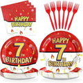 Grencian 96Pcs Happy 7th Birthday Party Supplies Cartoon Anime Themed Paper Plates and Napkins Tableware Sets Red and White Decoration for 7 Year Old Birthday Kids Children Party Serves 24