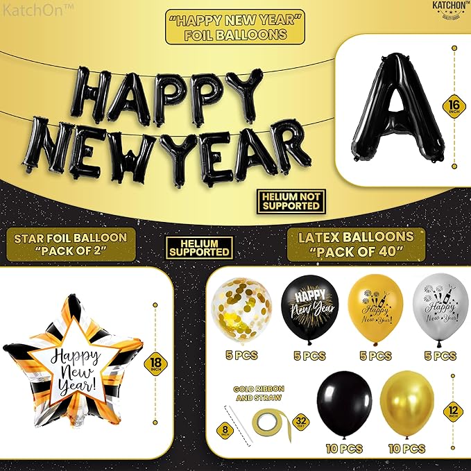 KatchOn, New Years Eve Party Supplies 2026 - Huge, Set of 110 | Black Happy New Year Balloon Banner | New Years Photo Booth Props, Gold Fringe Curtain Backdrop | NYE Decorations 2026