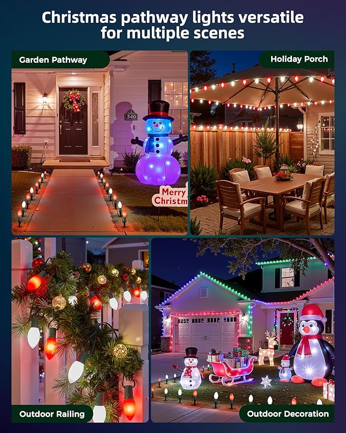 Christmas Pathway Lights Outdoor, 51.4 Ft Driveway Lights with 40 Multicolor Bulbs and Stakes, Connectable Outdoor Christmas Decorations Yard Walkway Sidewalk Holiday, Multicolor