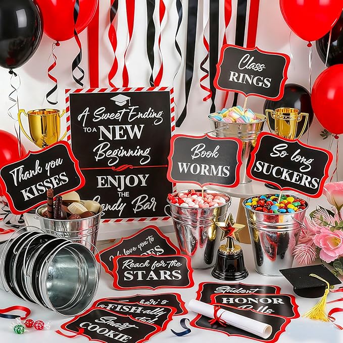 12 Set 2026 Graduation Candy Buffet Party Decoration Graduation Table Candy Bar Snack Labels Signs and 5'' Buckets with Handle for Class of 2026 Party Parties Supplies(Pure Style,Black,Red and Sliver)