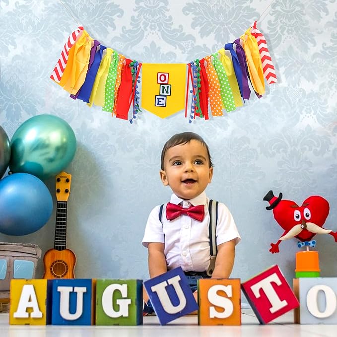 Letter Blocks One High Chair Banner - First Birthday Decorations, Nursery Rhyme Highchair Garland With Ribbon Fabric,1st Birthday Photo Props,Cake Smash Party Colorful Banner