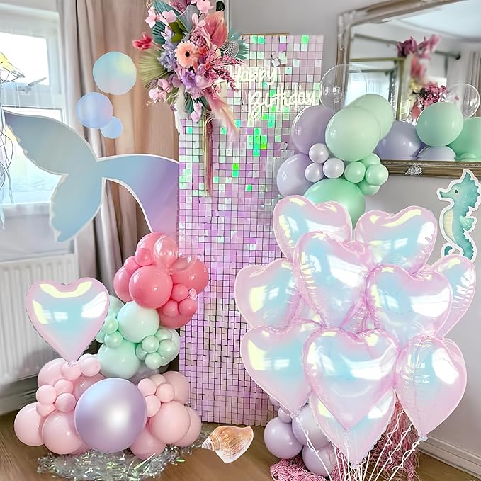 Iridescent Heart Balloons, 9PCS 18Inch Transparent Laser Heart Foil Balloon Large Gradient Crystal Iridescent Colorful Balloon for Birthday Wedding Easter Rainbow Mermaid Fantasy Theme Party Decor