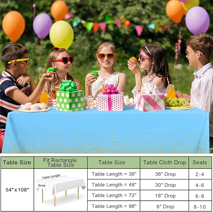 misaya 10 Packs Dot Disposable Table Cloth, 54 x 108 Inch Waterproof Plastic Tablecloth, Rectangle Gold Dots in Light Blue Table Covers for Easter, Picnic, Birthday, Party