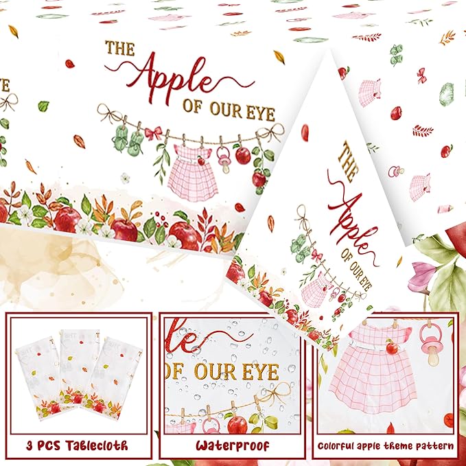 K1tpde Apple Baby Shower Tablecloth - 3PCS The Apple of Our Eye with Watercolor Flower Plastic Tablecloth, Disposable Sweet Baby Tablecover, Spring Floral Party Supplies for Birthday Decorations