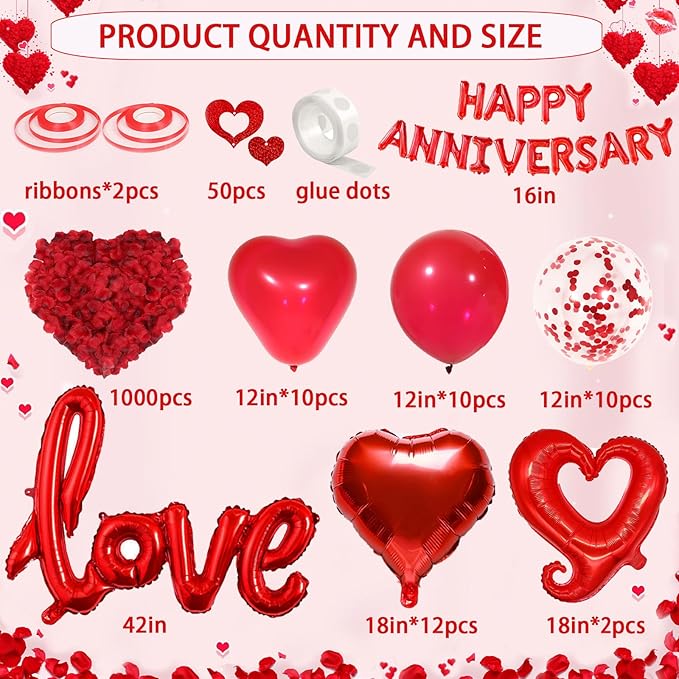 Happy Anniversary Decorations with Red Happy Anniversary Banner, Heart Balloons, Love Balloon, Silk Rose Petals and Heart Hanging Decor for Valentines Day, Wedding, Bridal Shower Decorations