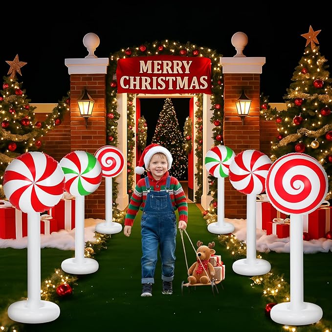 6 Pcs Christmas Inflatable Outdoor Decorations 4 FT Christmas Candy Inflatable Column Decoration for Winter Xmas Lawn Yard Garden Home Decor