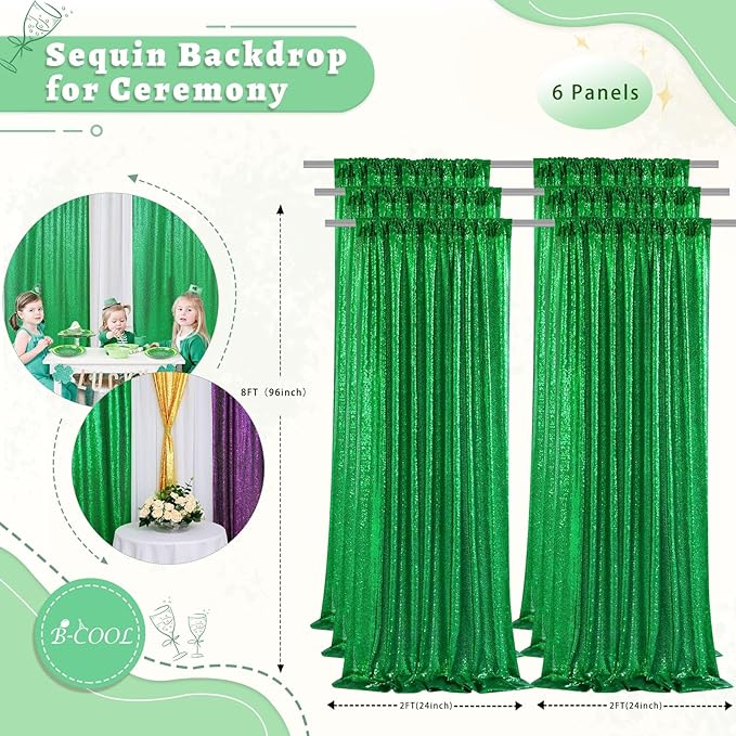 B-COOL Green Sequin Backdrop Curtain 6 Panels 2ftx8ft Glitter Curtain Drapes Background for Birthdat Wedding Ceremony Stage Party Background Decorations