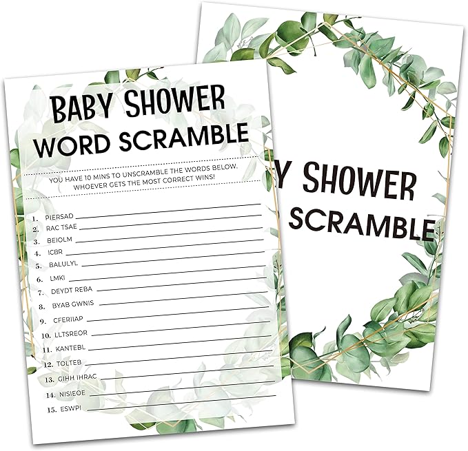 Baby Shower Game Cards, Word Scramble Game, Tropical Jungle Theme Party Games, Set of 30 (Green005)